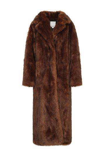 Float Lay image of a brown fur coat on a white background 
