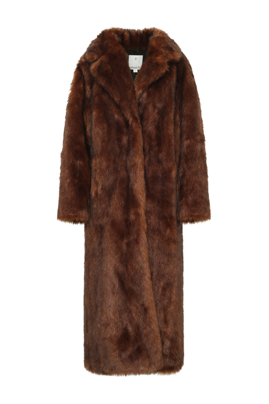 Float Lay image of a brown fur coat on a white background 