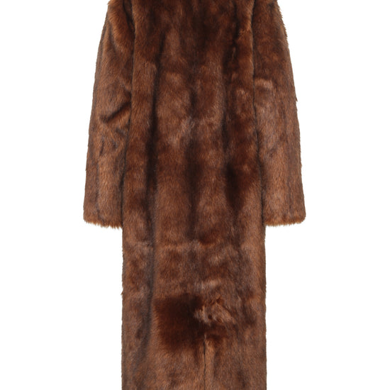 a reverse view of a long brown fur coat on a white background 
