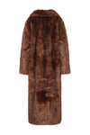 a reverse view of a long brown fur coat on a white background 