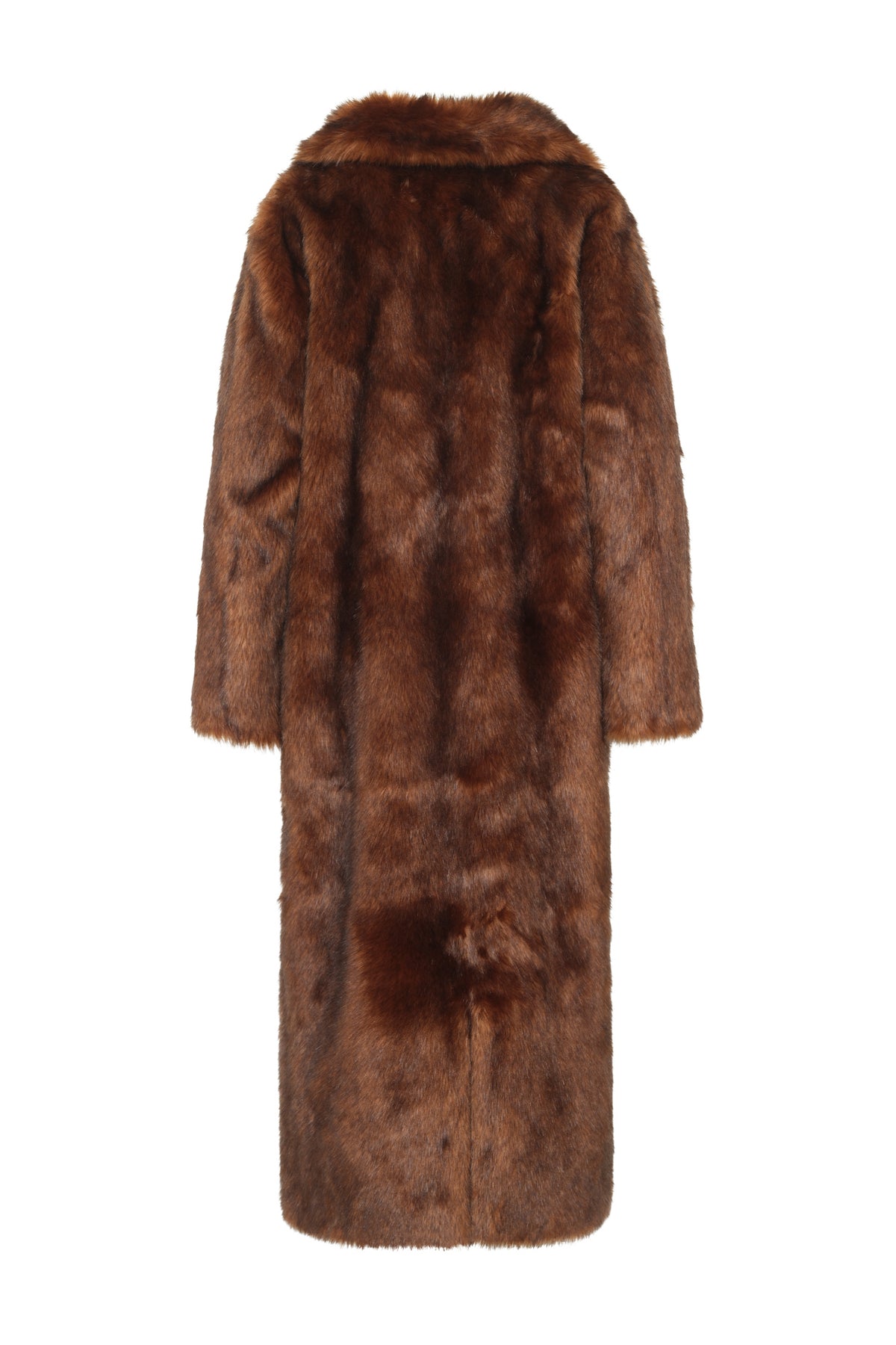 a reverse view of a long brown fur coat on a white background 
