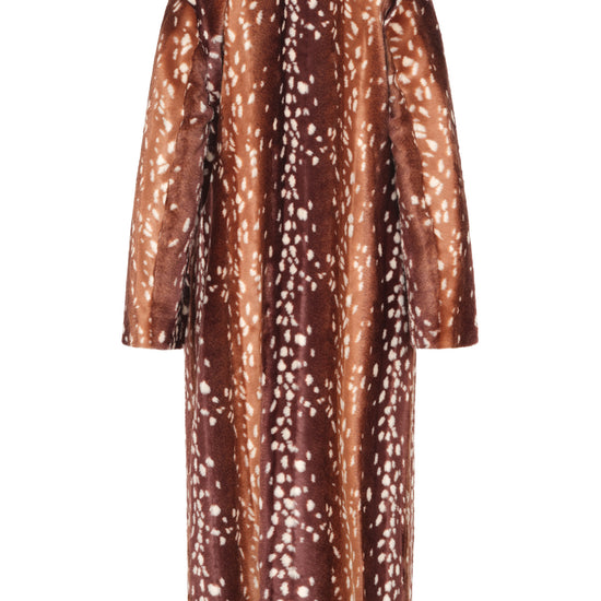 A brown faux fur coat with an allover white spotted deer print, shown from the back on a solid white background.