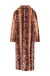 A brown faux fur coat with an allover white spotted deer print, shown from the back on a solid white background.