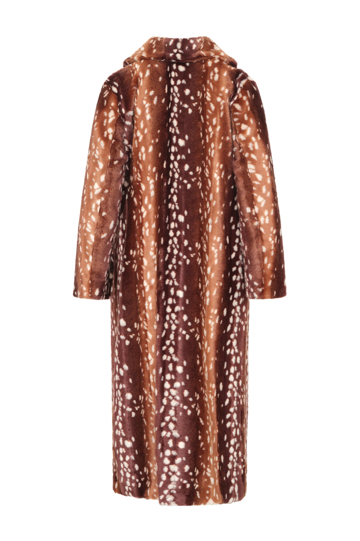 A brown faux fur coat with an allover white spotted deer print, shown from the back on a solid white background.