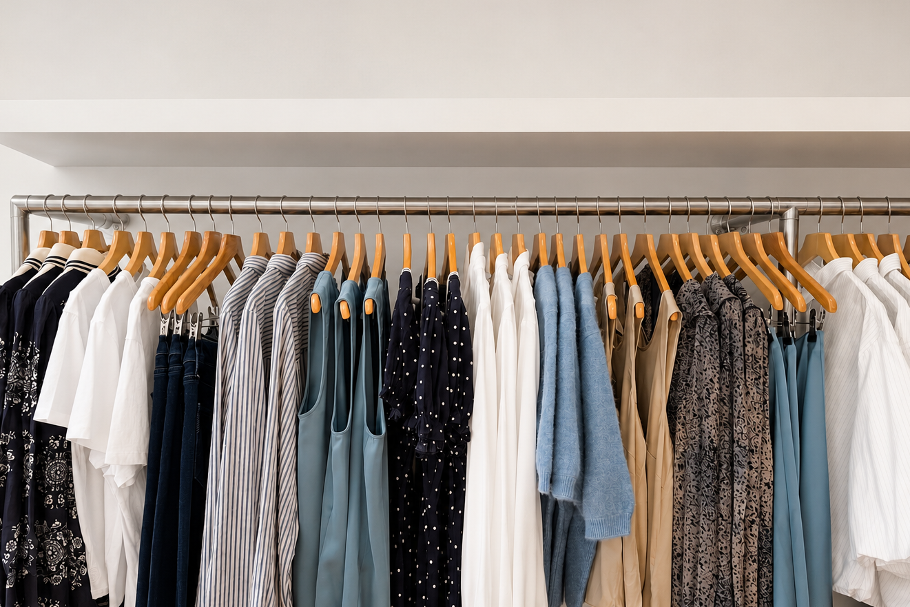 A clothing rack filled with neatly hung garments in a variety of colors and patterns, including white, navy, blue, beige, and black, suspended on wooden hangers against a clean white wall.