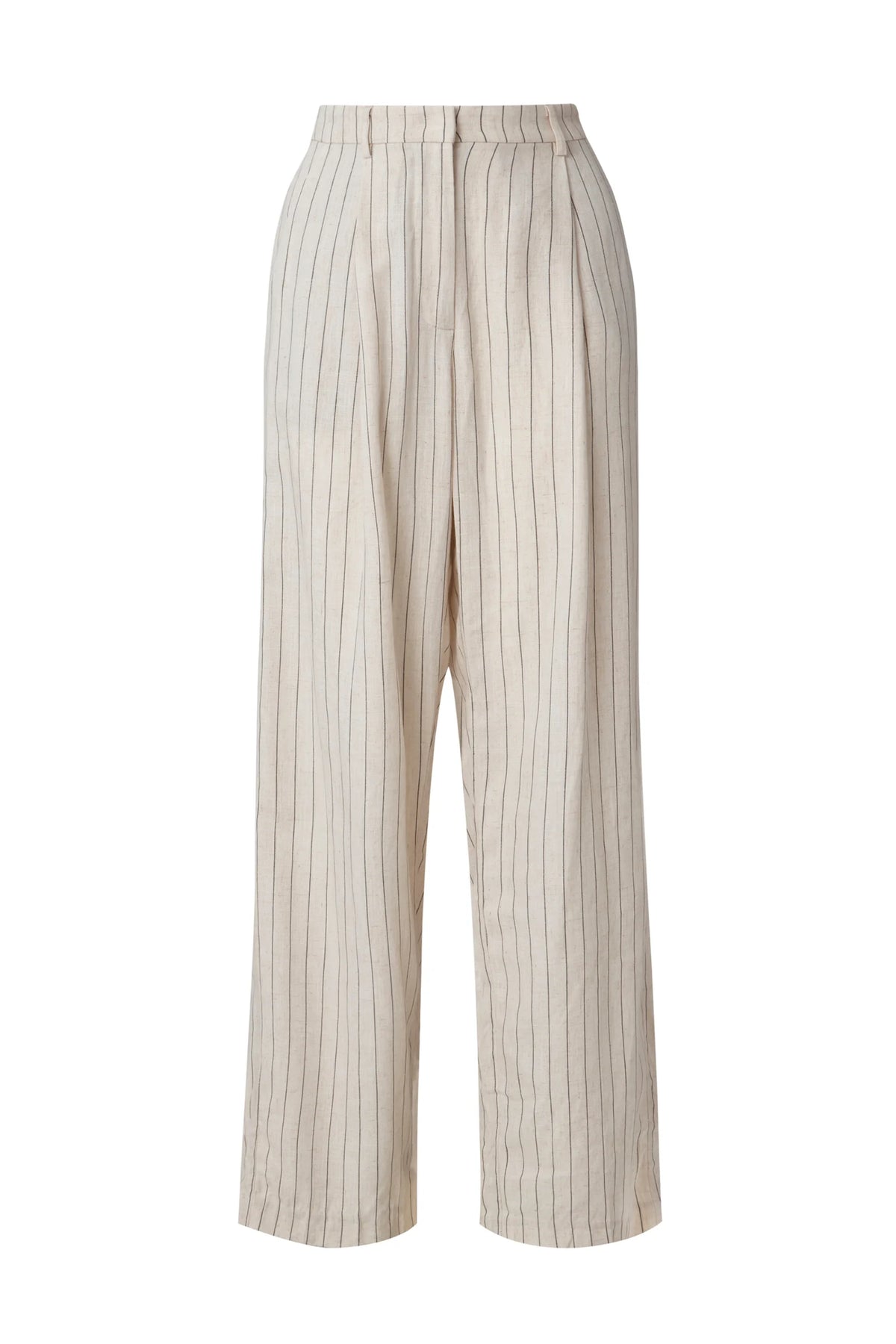 Ecru pinstripe linen trousers with pleated front