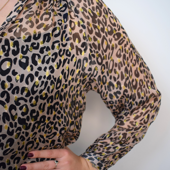 Animal print sheer top with half placket and grandad collar