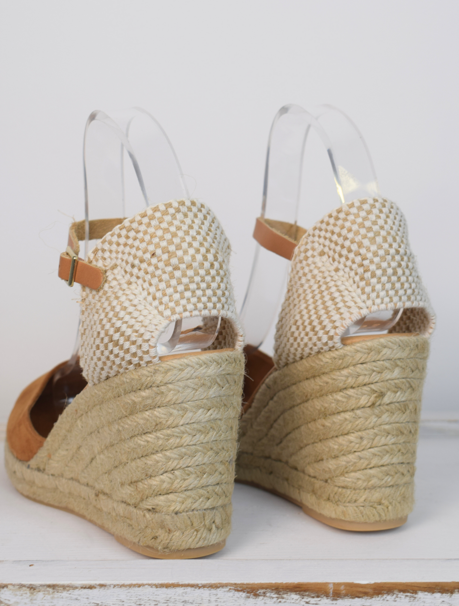 tan coloured wedge sandal with closed toe