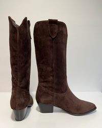 Chocolate brown suede mid length pull on cowboy style boots