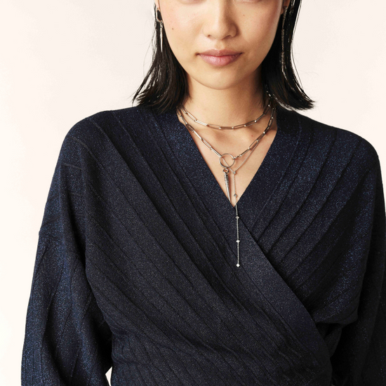 Navy cropped wrap and tie long sleeved cardigan with shimmer fibre throughout