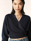 Navy cropped wrap and tie long sleeved cardigan with shimmer fibre throughout