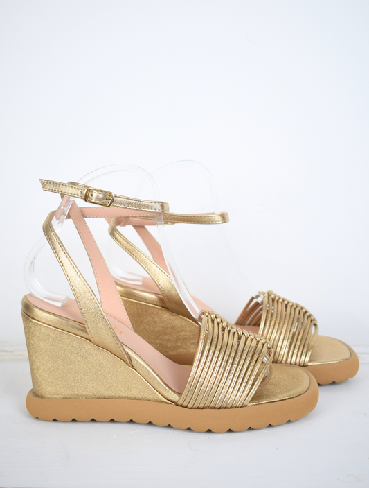 Rose gold strappy wedges with moulded sole