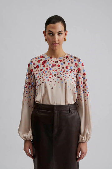 round neck balloon sleeve blouse with mini rose print 