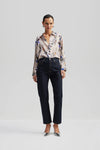 Silk blend shirt with covered placket classic collar long sleeves in an oyster background with colourful floral print