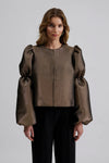 gold blouse with double puff sleeve and round neck model shot