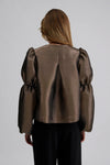 gold blouse with double puff sleeve and round neck rear view 