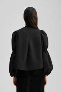 Black collarless shirt with puff sleeves and elasticated details