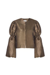 gold blouse with double puff sleeve and round neck