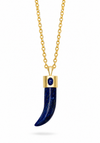 A gold chain necklace featuring a curved lapis lazuli pendant with a gold cap and a small round blue gemstone accent.