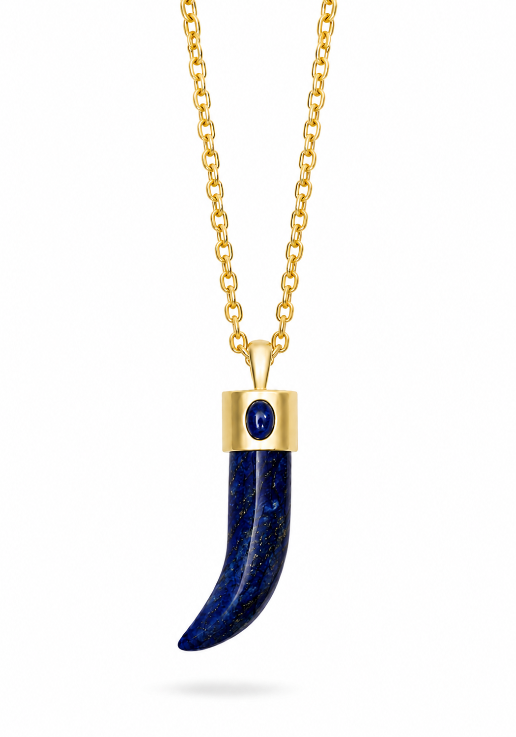 A gold chain necklace featuring a curved lapis lazuli pendant with a gold cap and a small round blue gemstone accent.