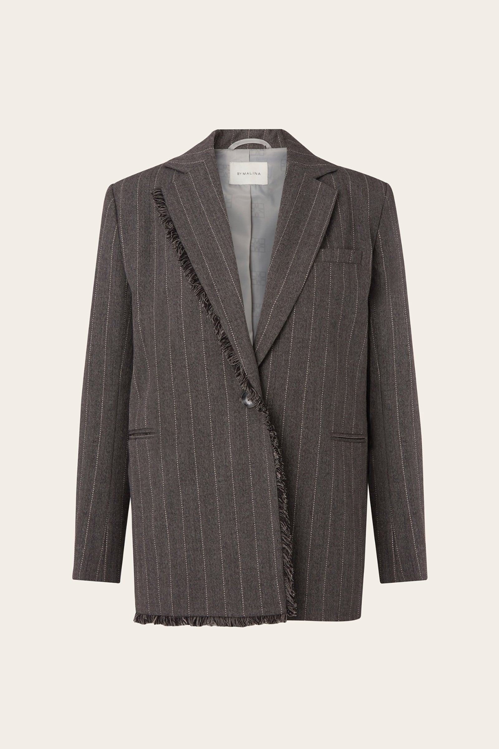 Grey single breasted pinstripe blazer with fringe detail