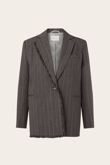 Grey single breasted pinstripe blazer with fringe detail