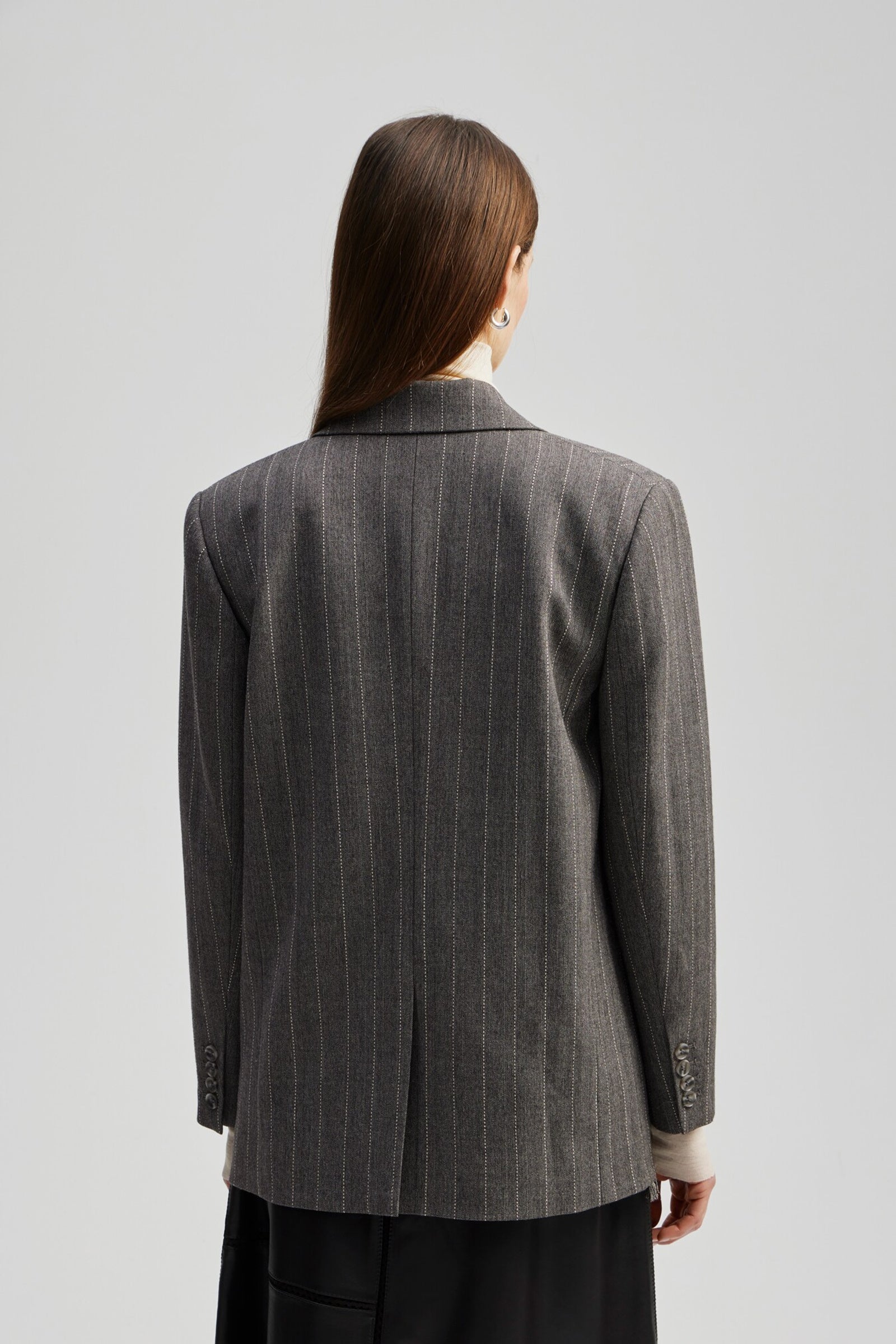 Grey single breasted pinstripe blazer with fringe detail