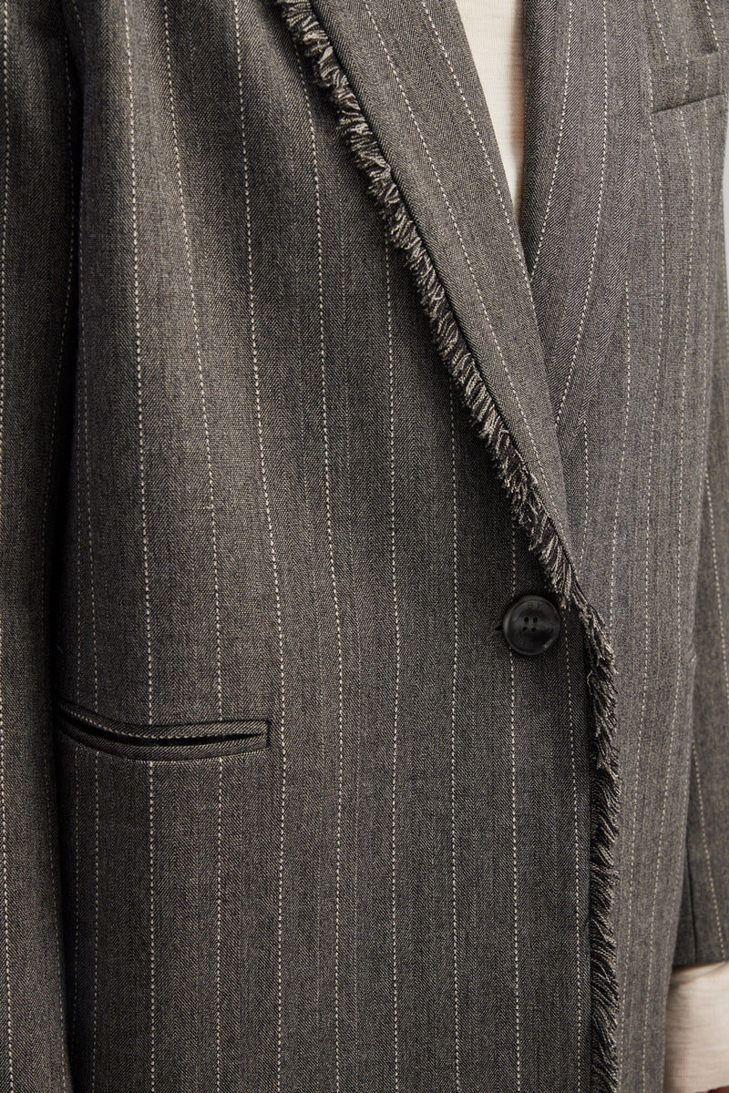 Grey single breasted pinstripe blazer with fringe detail