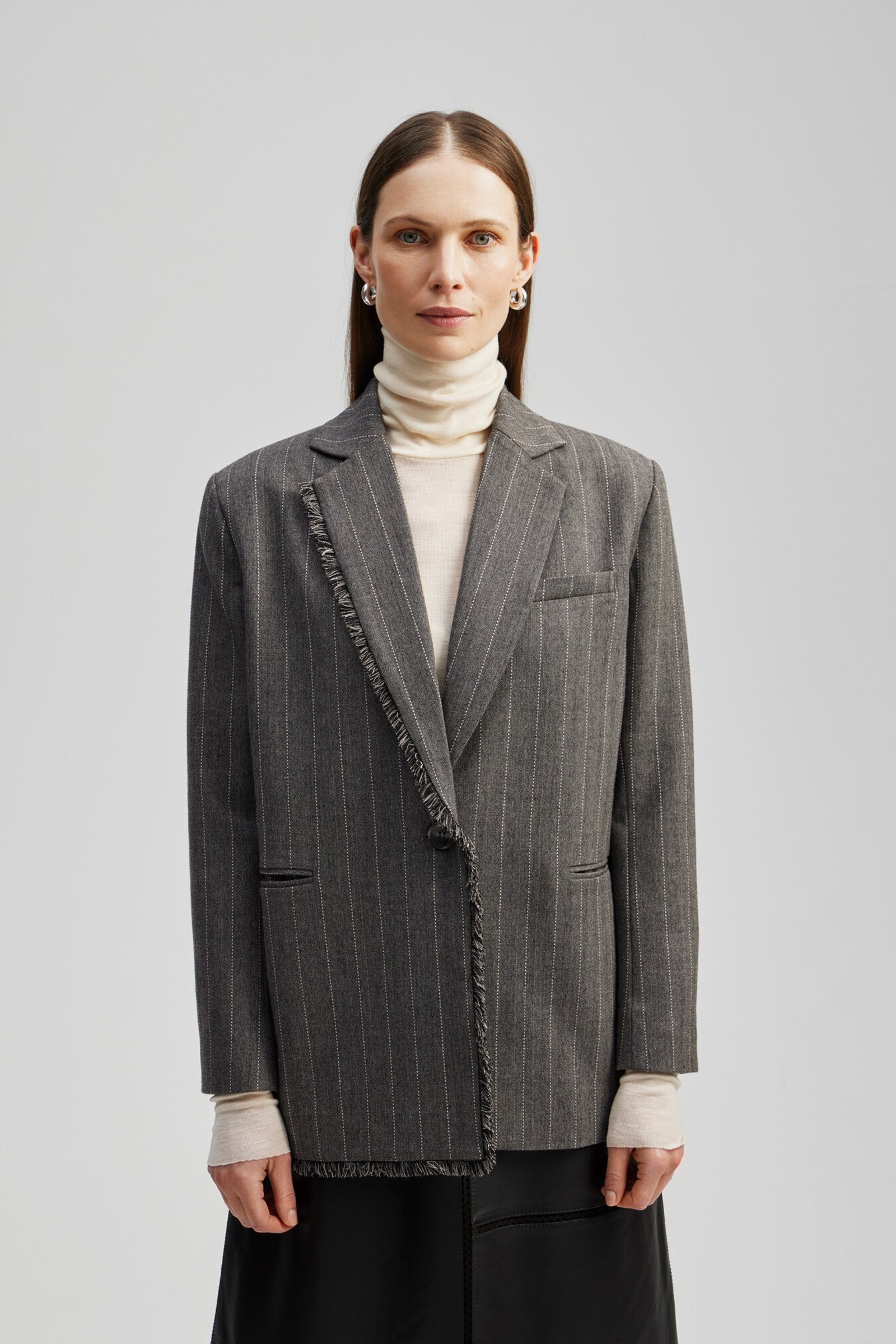 Grey single breasted pinstripe blazer with fringe detail