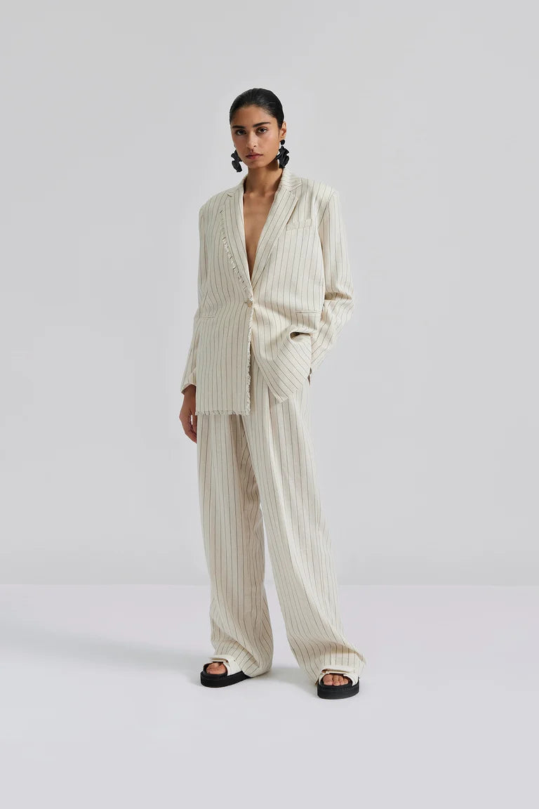 Natural linen and black pinstripe single breasted singe button fastened blazer with fringe detail