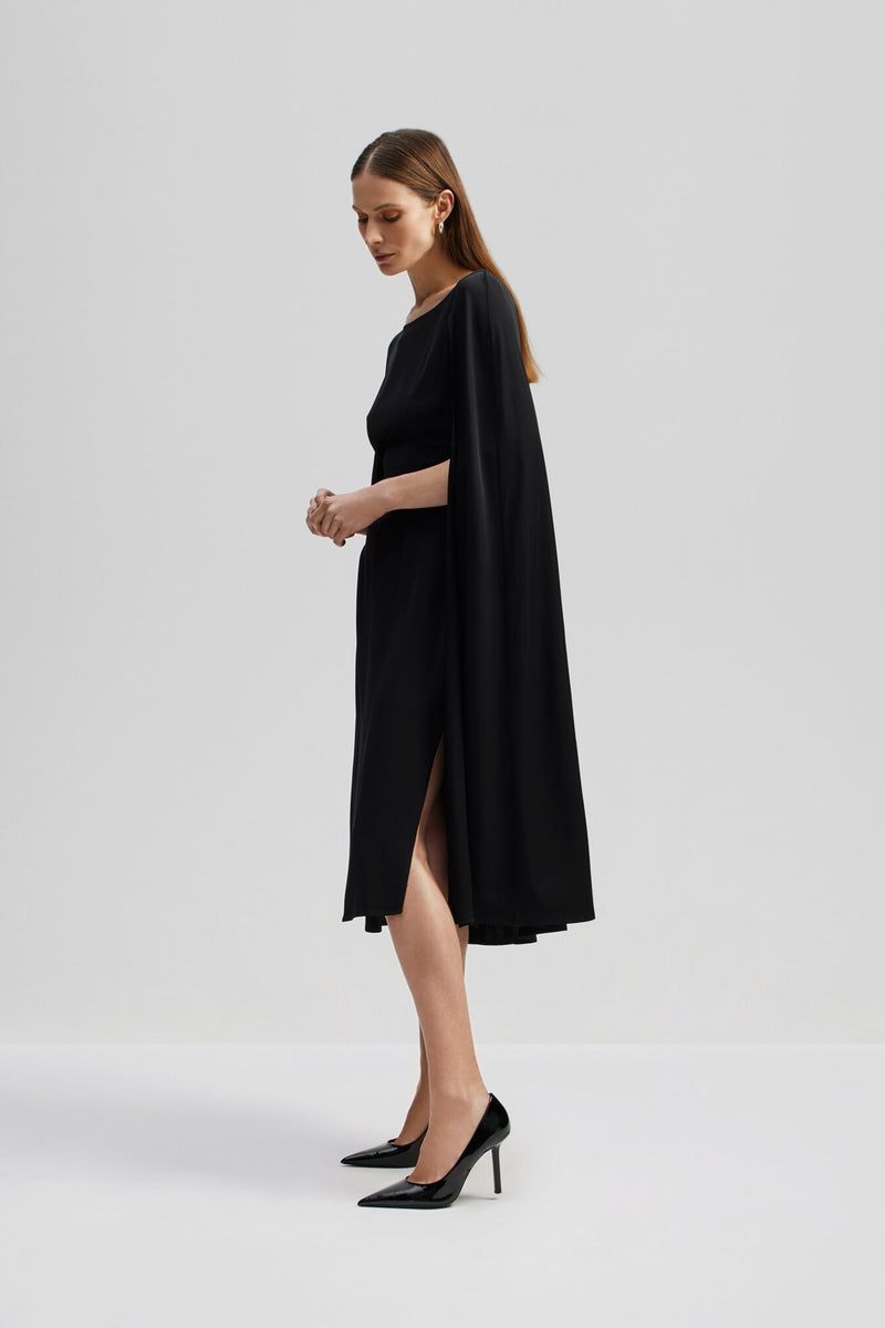 Black cape detail midi dress with side split detail