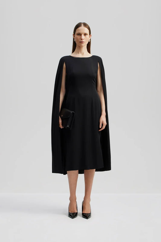 Black cape detail midi dress with side split detail