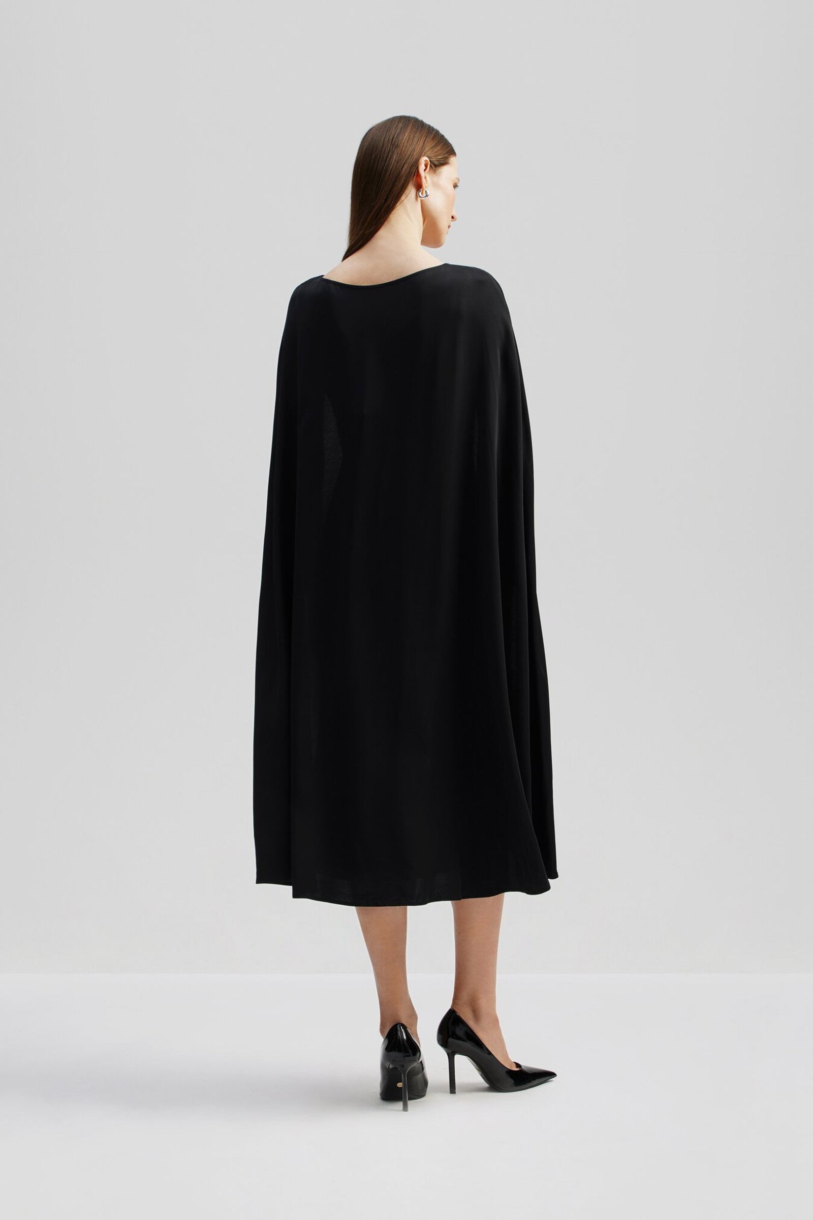 Black cape detail midi dress with side split detail