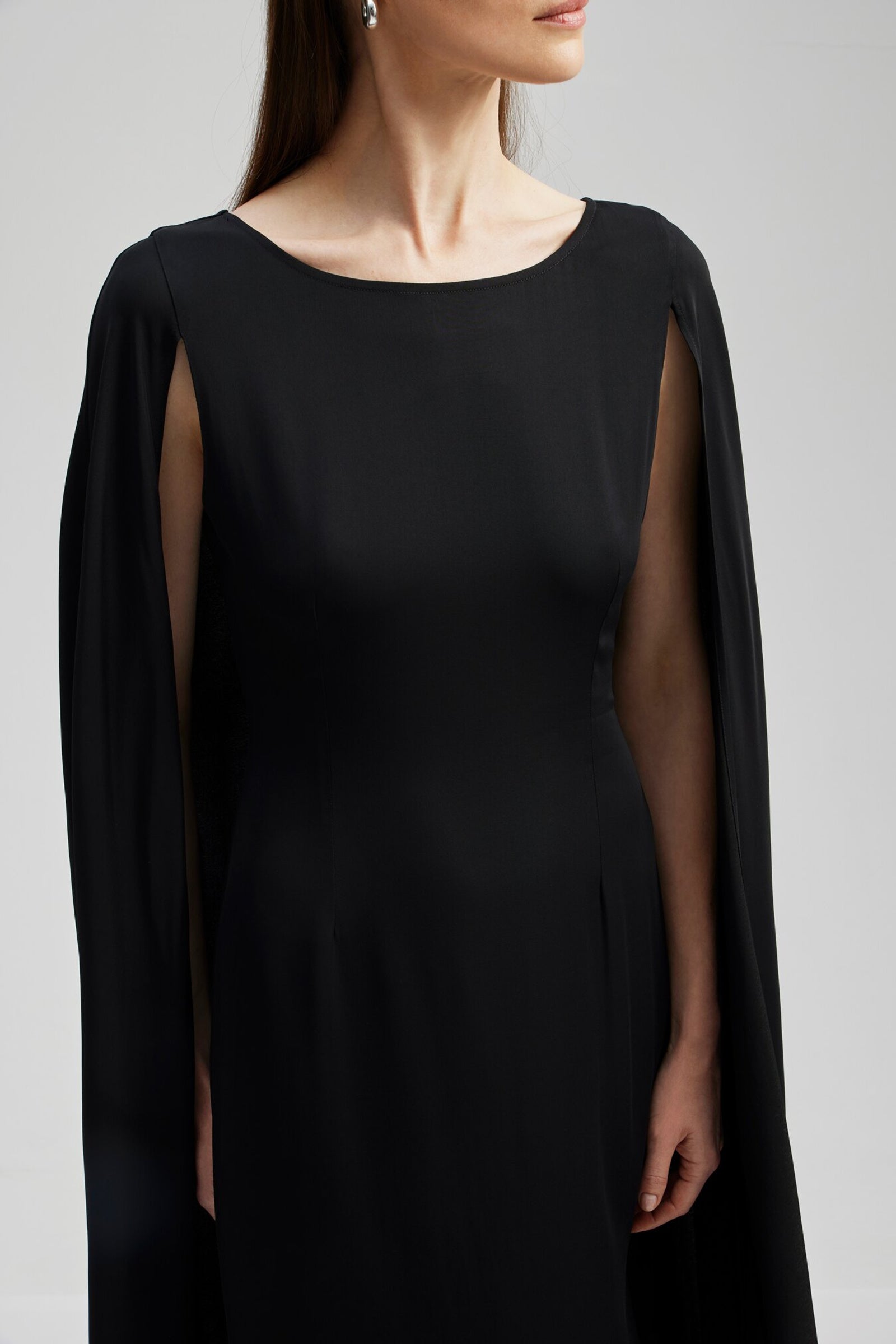 Black cape detail midi dress with side split detail