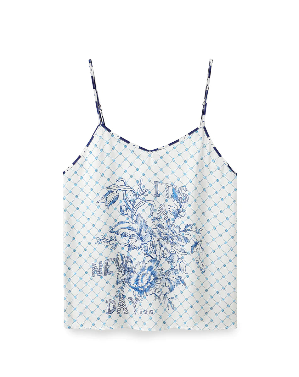 Blue and white camisole with spaghetti straps and "it's a new day" motto on the front with a floral design