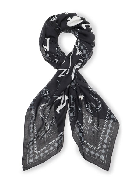 square monochrome print scarf shown tied