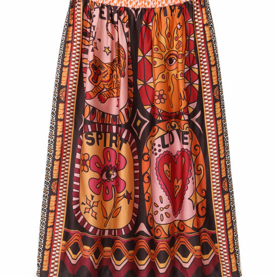 Pull on midi skirt with brown toned graphic print