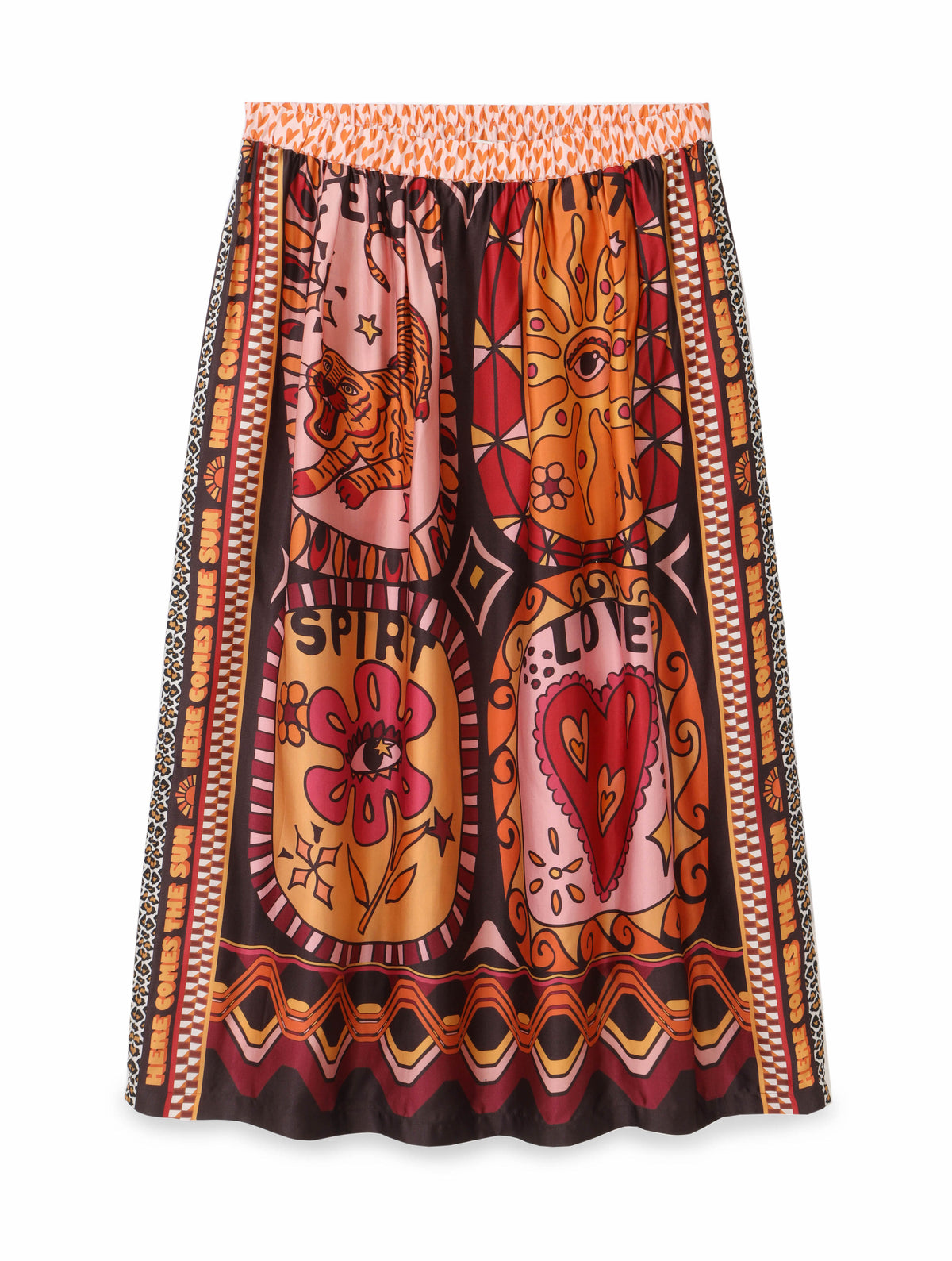 Pull on midi skirt with brown toned graphic print