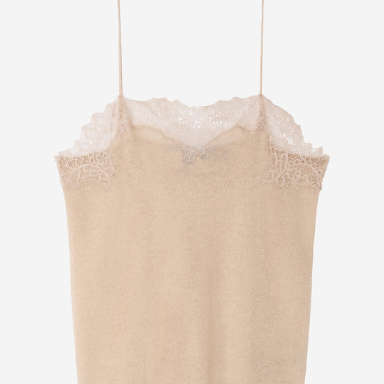beige camisole with lace detailed trim on a white background
