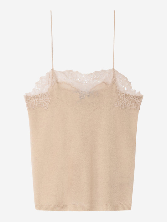 beige camisole with lace detailed trim on a white background