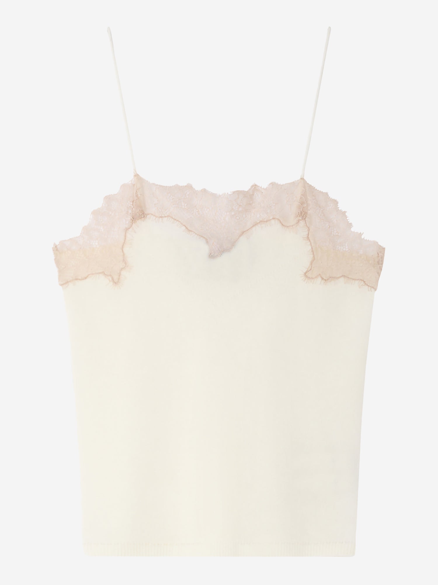 cream cami with light brown lace on the top on white background