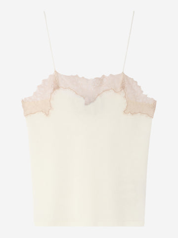 cream cami with light brown lace on the top on white background