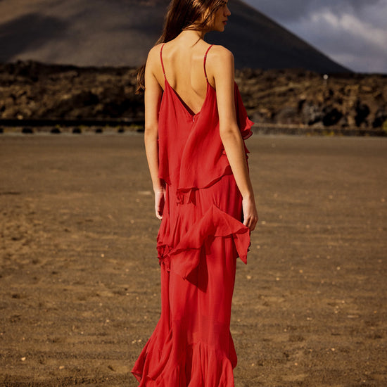 Woman in a red dress standing in a desert landscape with mountains in the background rear view