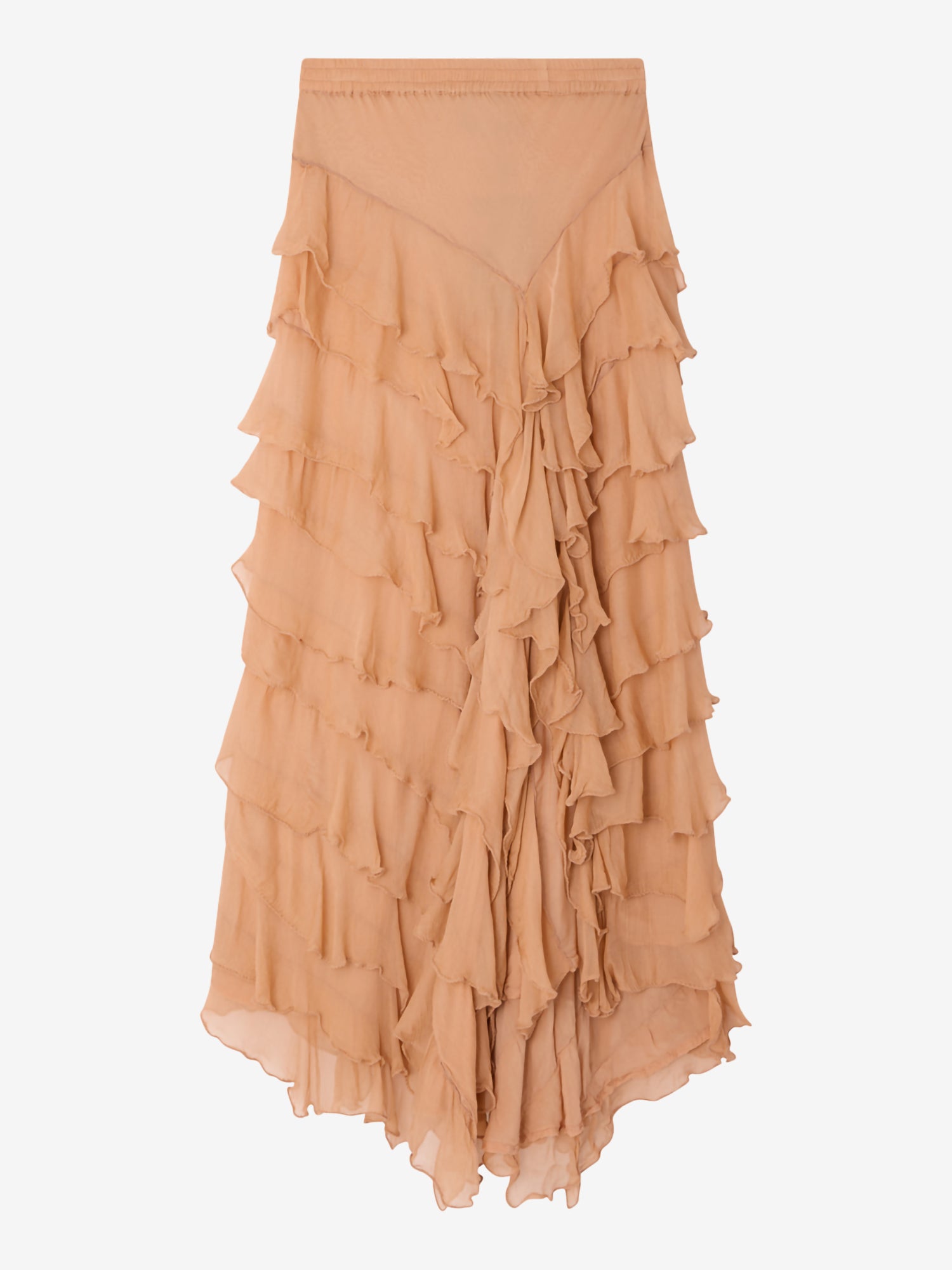 Tiered ruffle skirt in a shade of peach on a light gray background