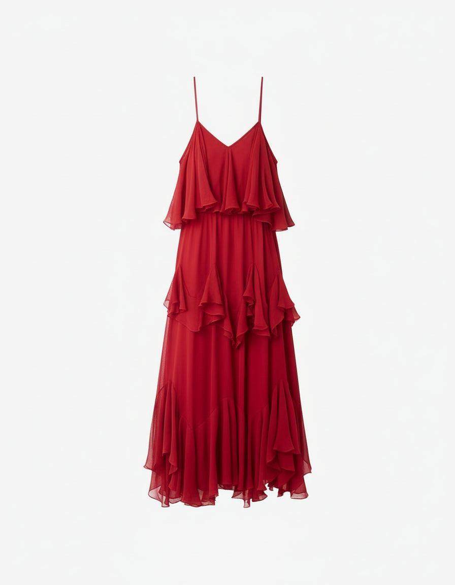 Red flowy maxi dress product shot on a white background