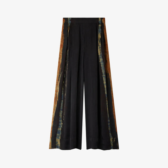 Wide leg silk trousers with tie die details and an elasticated waist detail
