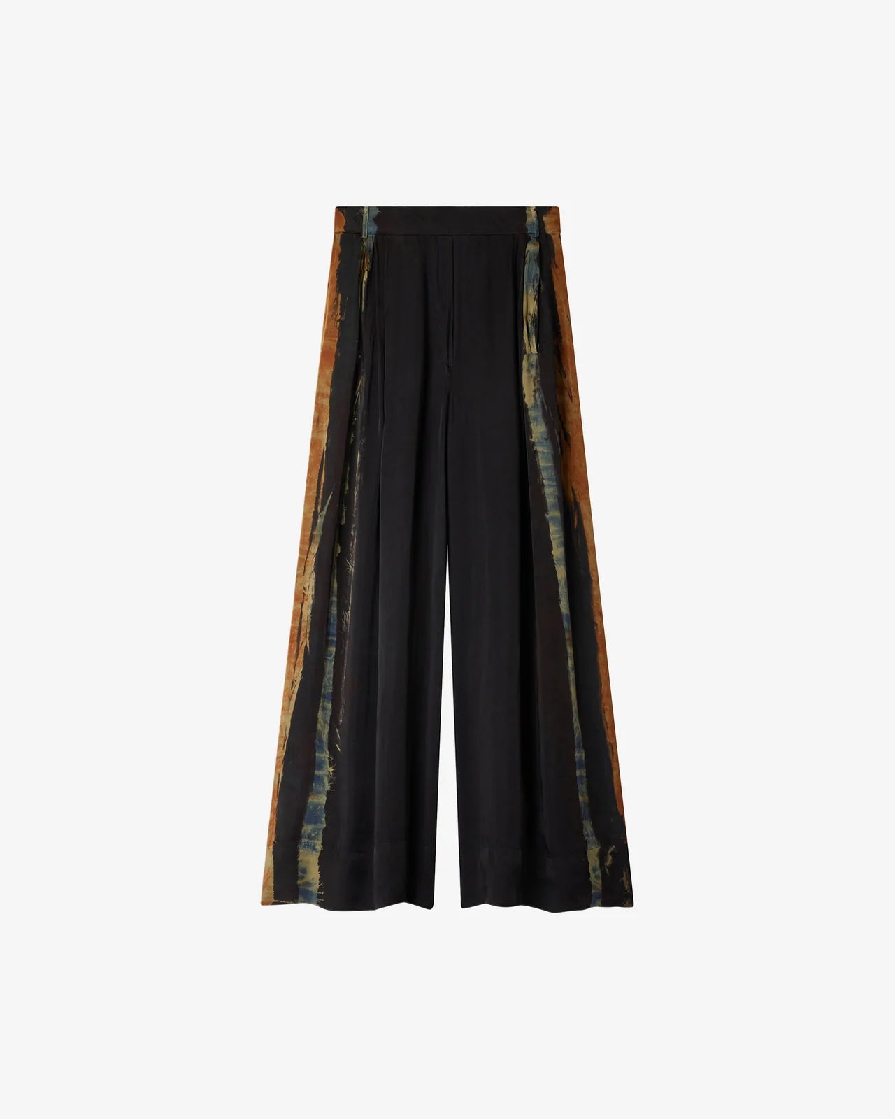Wide leg silk trousers with tie die details and an elasticated waist detail