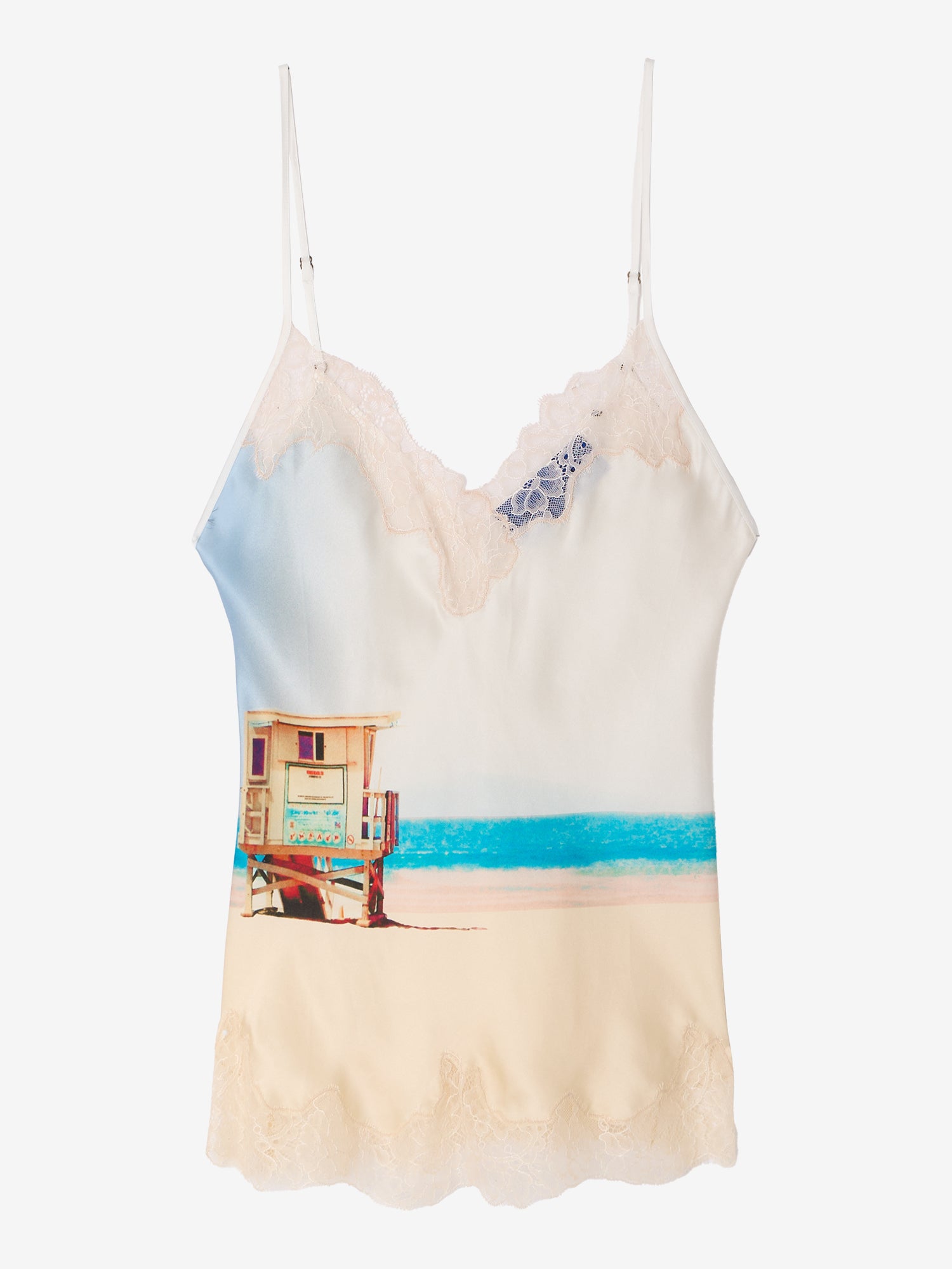 Cami with beach print and lace neckline on a white background