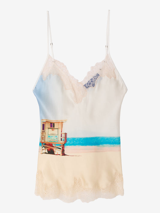 Cami with beach print and lace neckline on a white background