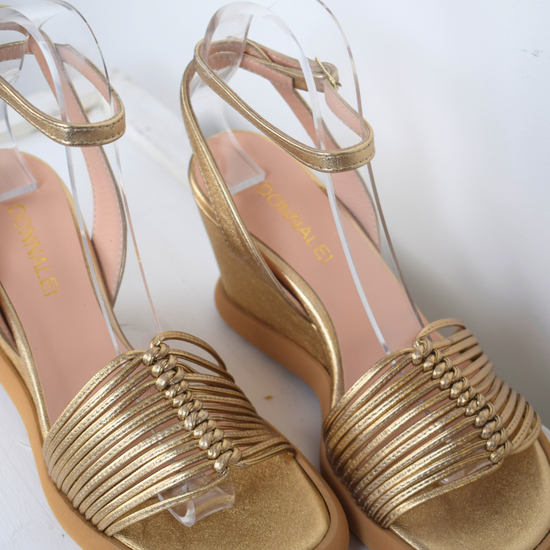 Rose gold strappy wedges with moulded sole